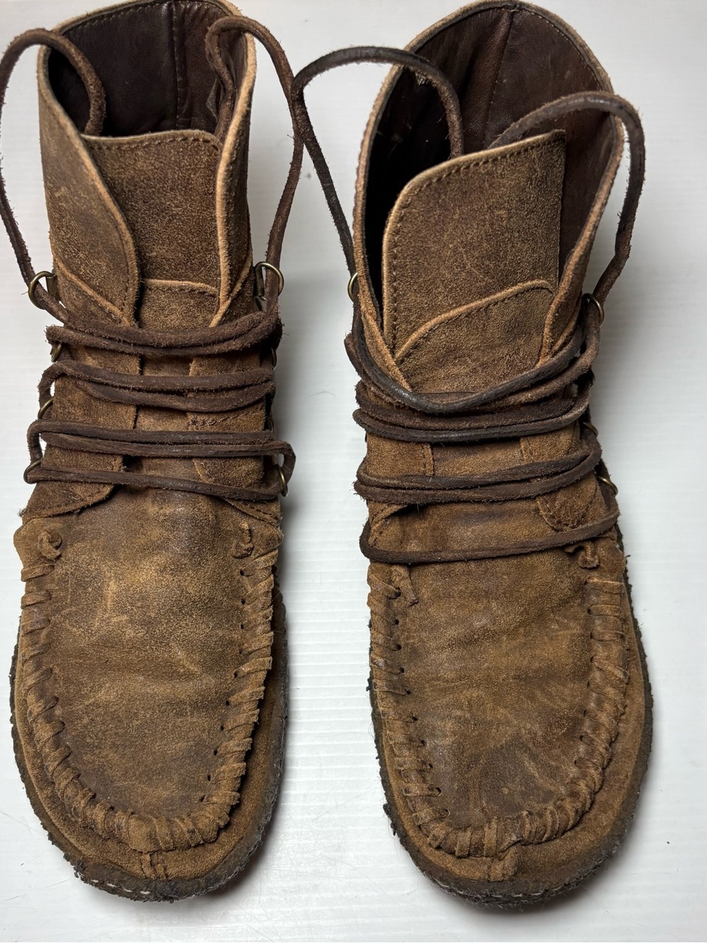 Brown suede/soft leather moccasin-style ankle boots (pair)